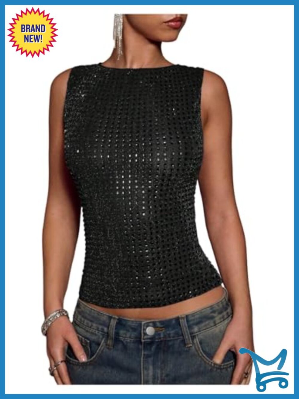 Sparkly Rhinestone Tank Top Glitter Sleeveless Slim Fitted Cropped Y2K Party Top